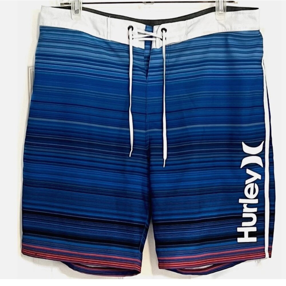 Hurley Board Shorts Blue Stripes Swim Trunks Surf Beach Logo Mens 34X8.5 in